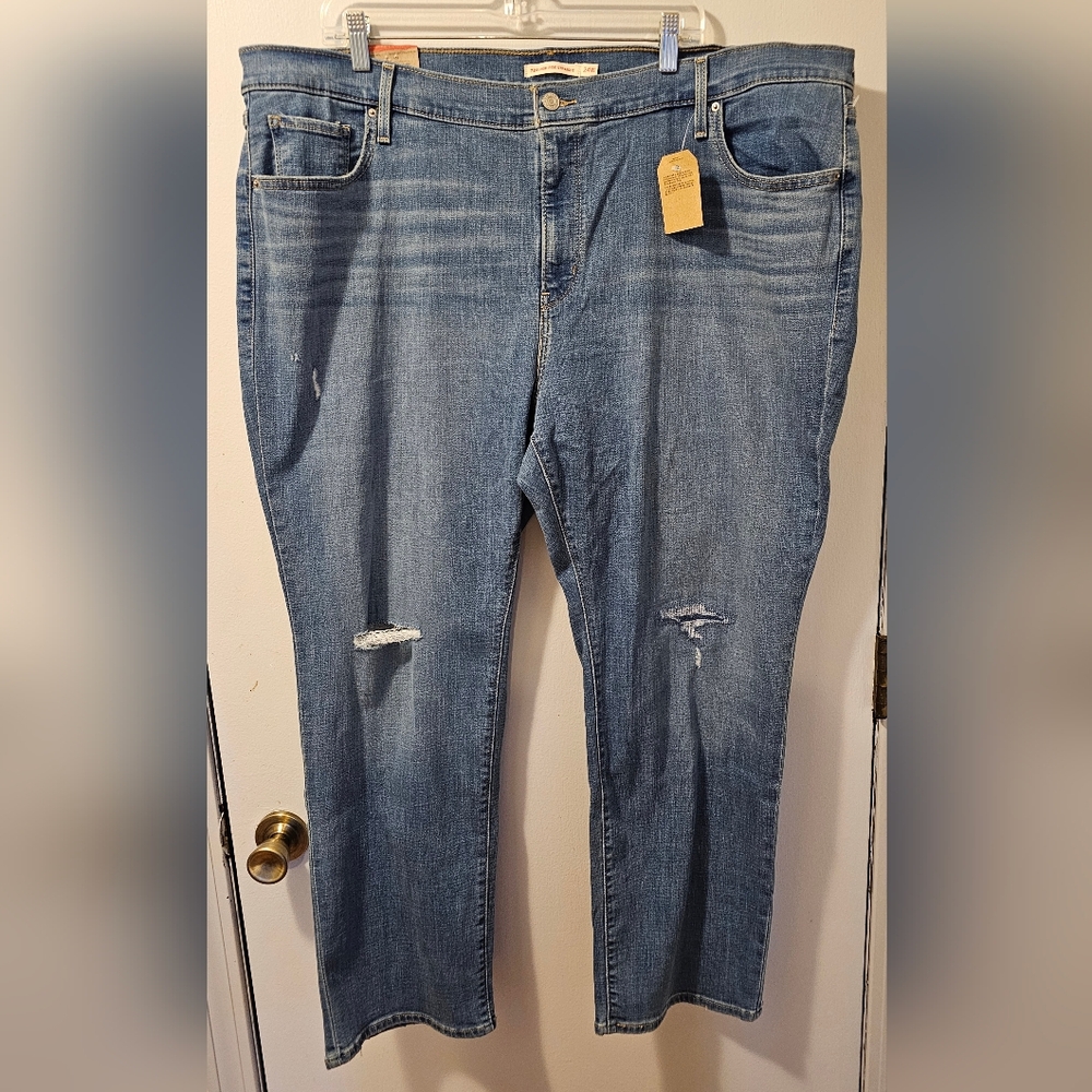 Levis 724 High Rise Slim Straight Distressed Jeans Blue‎ Women's Size 24W NWT
